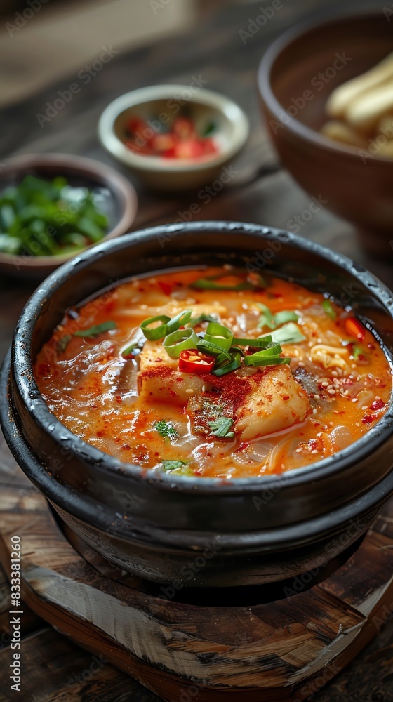 Korean fish cake soup Eomukguk, served in a rustic bowl with a bustling street food market background Korean fish cake soup Eomukguk, served in a rustic bowl with a bustling street food market background