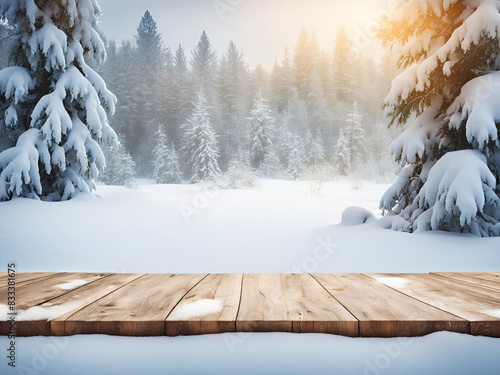 snow covered trees  wooden table background