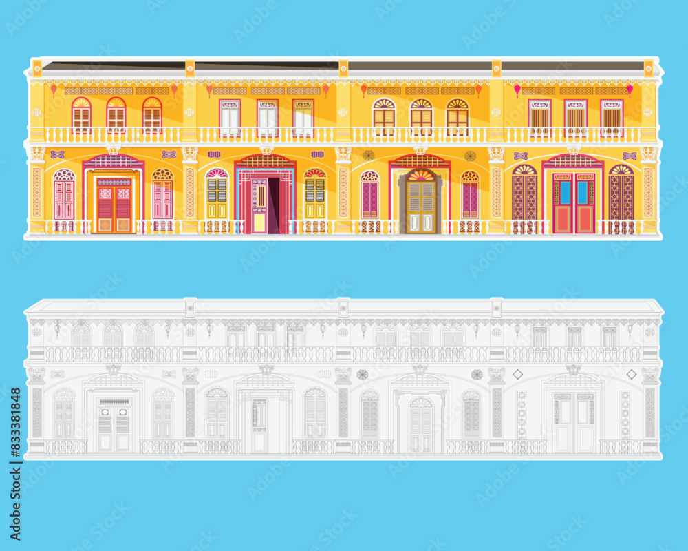 Vibrant Yellow Traditional Building Illustration.