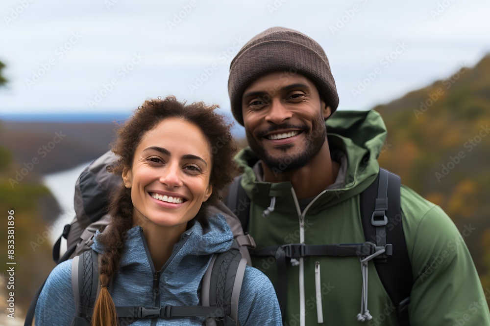 A happy couple hiking in a picturesque outdoor setting, dressed in warm clothing with backpacks, smiling at each other