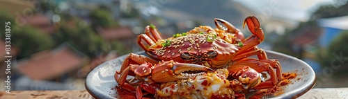 Korean marinated crabs Ganjang Gejang, served on a decorative plate with a coastal village background