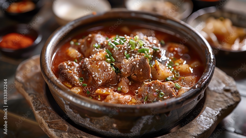 Korean spicy chicken stew Dakdoritang, served in a rustic bowl with a traditional Korean home setting Korean spicy chicken stew Dakdoritang, served in a rustic bowl with a traditional Korean home setting