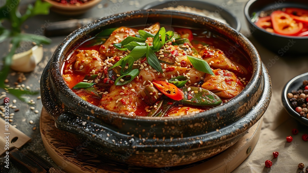Korean spicy chicken stew Dakdoritang, served in a rustic bowl with a traditional Korean home setting Korean spicy chicken stew Dakdoritang, served in a rustic bowl with a traditional Korean home setting