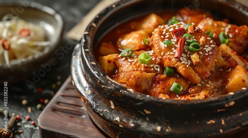 Korean spicy chicken stew Dakdoritang, served in a rustic bowl with a traditional Korean home setting photo