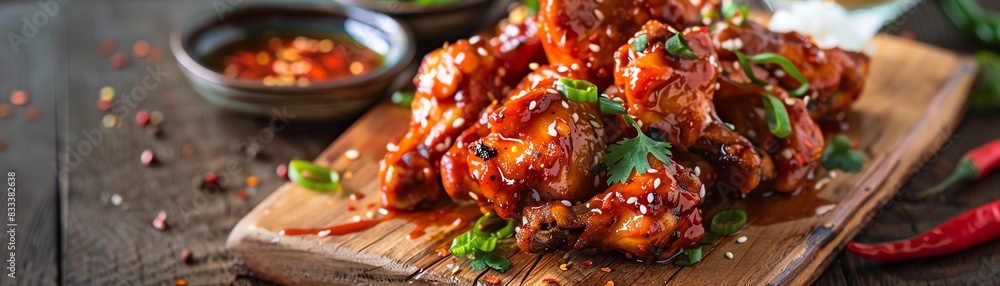 Korean sweet and spicy chicken Dakgangjeong, served on a rustic wooden board with a vibrant street festival scene Korean sweet and spicy chicken Dakgangjeong, served on a rustic wooden board with a vibrant street festival scene