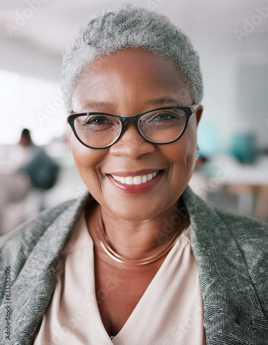 Happy woman in spectacles and gray coat indoors photo