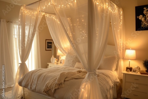 Romantic Bedroom with Canopy Bed and Soft Lighting.