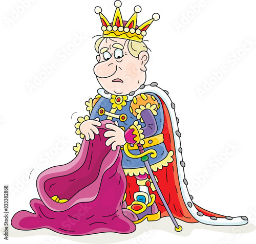 Sad greedy king counting pitiful remains of gold coins in his old money bag from royal tax collection in a fairytale kingdom, vector cartoon illustration isolated on a white background