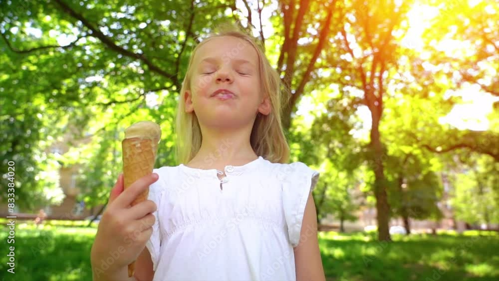 Little kid girl closeup portrait face eating licking ice cream. Happy child eating delicious ice cream outdoor. Little kid girl closeup portrait face eating licking ice cream. Happy child eating delicious ice cream outdoor.