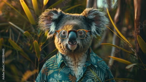 A photo of a koala wearing a hawaiian shirt in the jungle, ready to have fun in the sun. photo