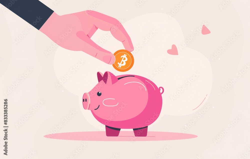 © Ratko - A flat vector illustration of a hand putting a coin into a pink piggy bank