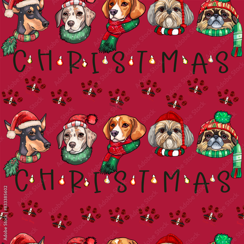 Fototapeta premium Christmas dog with Christmas tree toys and red Christmas ornament. Christmas dog with Christmas tree toys and red Christmas ornament.