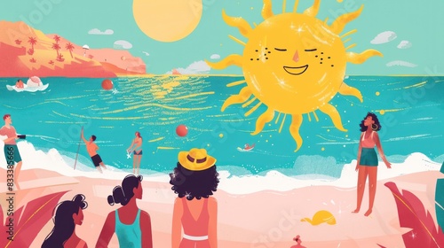 illustration of the sun smiling and looking at the beach