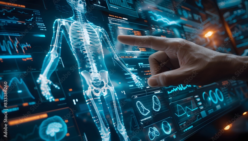 Hand touching holographic digital medical interface with human skeleton and body data on screen Hand touching holographic digital medical interface with human skeleton and body data on screen