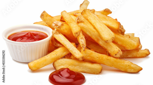 french fries with ketchup on white background, isolated