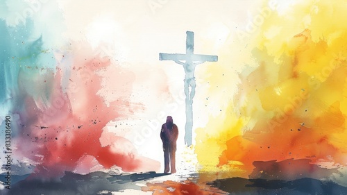 Man praying before a Christian cross, set against a colorful watercolor background. Featuring pastel tones and white space, this serene image embodies faith and spirituality.