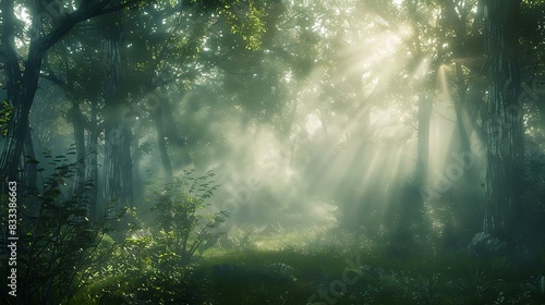 Misty forest with sunlight filtering through the dense canopy  creating a magical ambiance. 8k  realistic  full ultra HD  high resolution and cinematic photography
