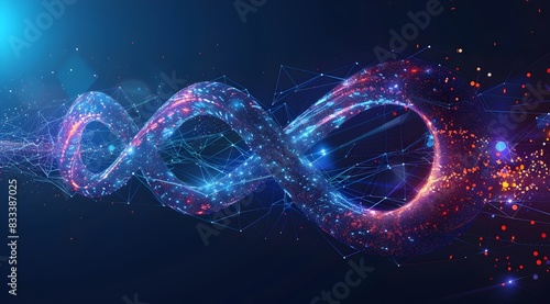 A vector graphic of an infinite symbol made from glowing data points and lines, representing the endless flow of information in artificial intelligence, on a dark blue background
