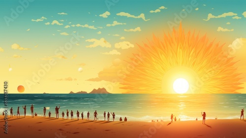 illustration of the sun smiling and looking at the beach