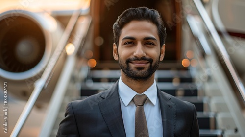 Portrait of indian businessman in stylish suit on the luxury jet background.