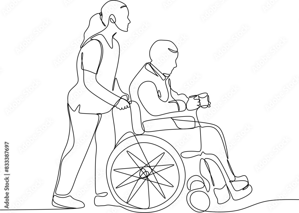 Linear drawing, healthcare worker helping a patient in a wheelc Linear drawing, healthcare worker helping a patient in a wheelc