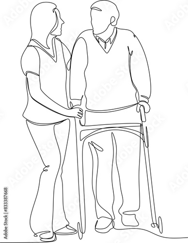 Linear drawing, healthcare worker helping a patient in a wheelc