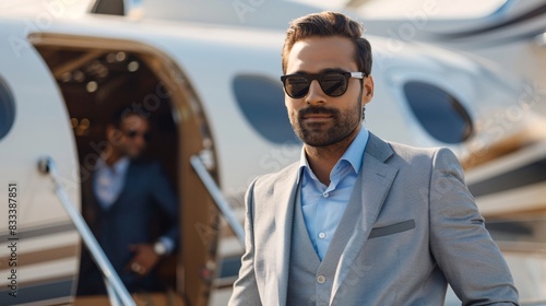Portrait of indian businessman in stylish suit on the luxury jet background.