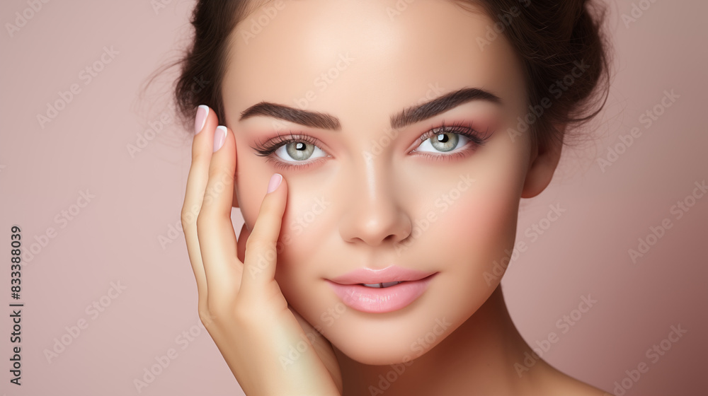 Elegant Portrait of a Young Woman with Clear Skin on Soft Pink Background Elegant Portrait of a Young Woman with Clear Skin on Soft Pink Background