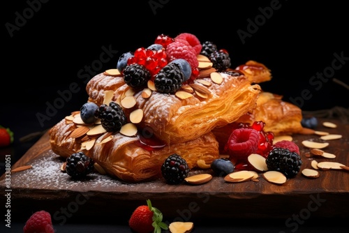 Decadent croissant dessert topped with raspberries  blackberries  and almonds on a wooden board