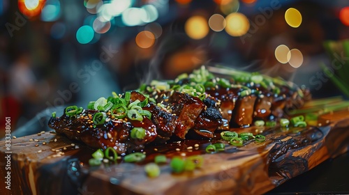 Taiwanese beef roll  with scallions and hoisin sauce  served on a wooden platter with a busy night market background