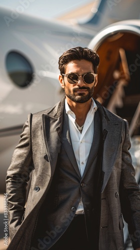 Portrait of indian businessman in stylish suit on the luxury jet background.