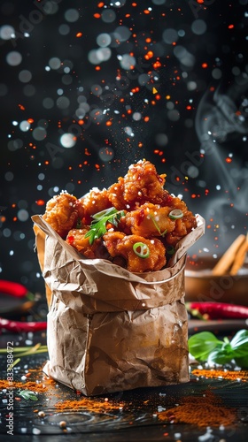 Taiwanese popcorn chicken, crispy and spiced, served in a paper bag with a lively street food market scene photo