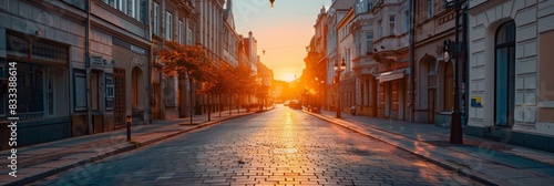 Empty street in the city where the sun sets