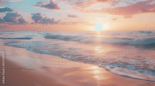 Peaceful beach at dusk with soft waves lapping the shore and a vibrant sunset in the sky. 8k  realistic  full ultra HD  high resolution and cinematic photography