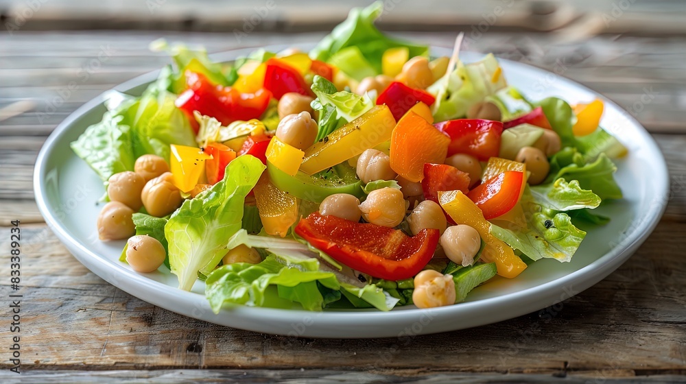 Chickpea salad with bell peppers and lettuce on a white plate. Side view food photography. Healthy eating and fresh ingredients concept for design and print. Chickpea salad with bell peppers and lettuce on a white plate. Side view food photography. Healthy eating and fresh ingredients concept for design and print.