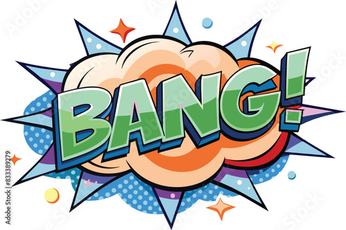Word BANG! inside explosive cloud in comic style, flat illustration, vector illustration.