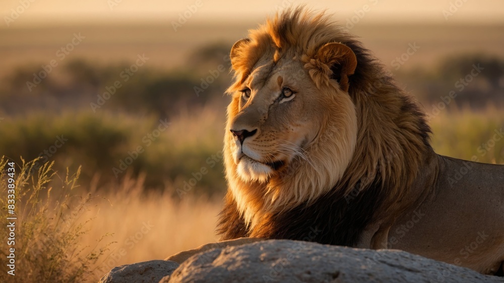 Obraz premium A powerful and majestic male lion with a full mane, standing on a rocky outcrop surveying the savanna. His muscles are clearly defined, and his fur shows the texture and detail of each strand.