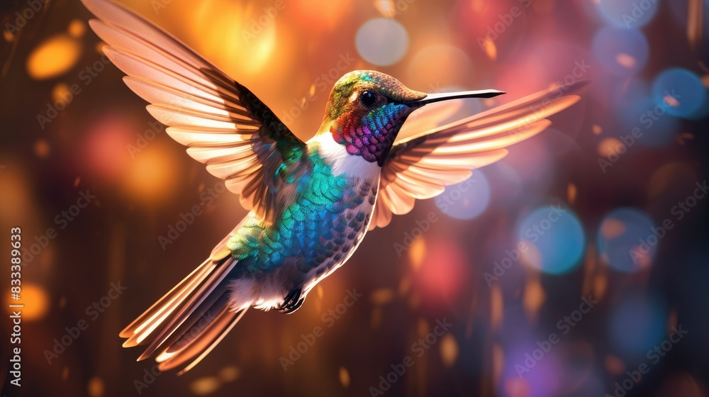 Obraz premium A graceful hummingbird hovering in mid-air, its iridescent feathers shimmering in the sunlight.