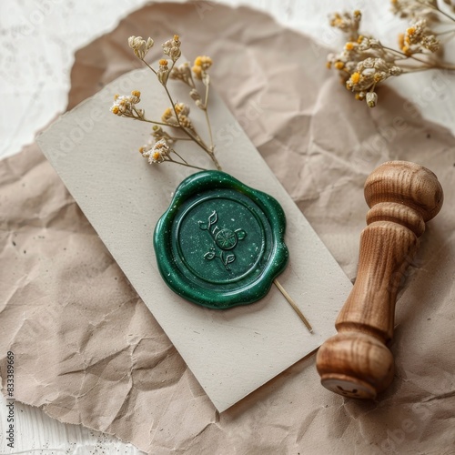 emerald wax seal with dried flowers on craft paper, mockup. Wax seal stamps 