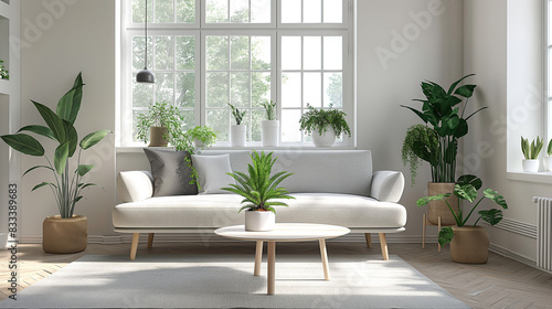 Living room with a light gray sofa  a simple white coffee table with wooden legs  and a row of small potted plants on the windowsill 