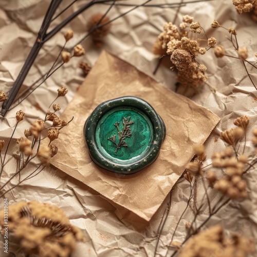 emerald wax seal with dried flowers on craft paper, mockup. Wax seal stamps