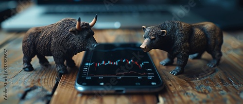 Financial and business candle stock graph chart, Bull vs bear concept, macro shot of a detailed bull and bear figurine standing on a reflective surface with a sharp photo
