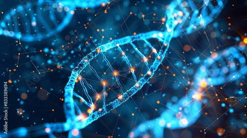Glowing DNA Strands on Technological Background © gen_pick