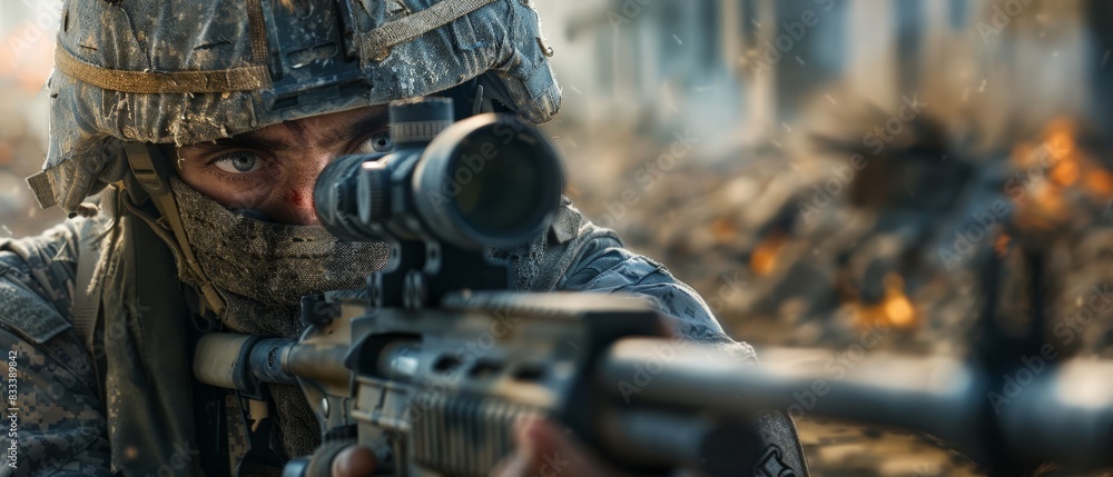 Special forces, destroyed, game simulators, a close-up shot of a special forces operator in full gear, peering through the sights of his rifle, behind him, a virtual reality Special forces, destroyed, game simulators, a close-up shot of a special forces operator in full gear, peering through the sights of his rifle, behind him, a virtual reality
