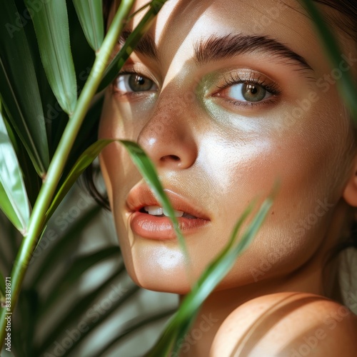 Woman, skincare, beauty, natural dermatology, cosmetics with green plants. Glow on attractive model's face in studio for healthy makeup or sustainable cosmetics 