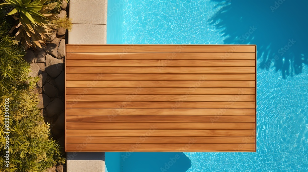 Overhead view of a wooden deck extending over a swimming pool. Overhead view of a wooden deck extending over a swimming pool.