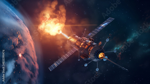 A satellite in space, detailed with antennas and solar panels, is firing a missile towards Earth