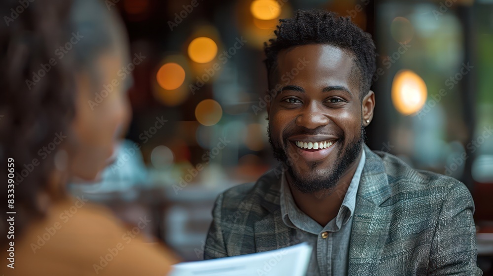 Obraz premium Smiling insurance agent hands life insurance policy to customer