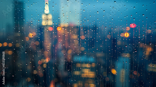 A collection of raindrops on a window with a blurry cityscape background. The raindrops are arranged in a way that creates a sense of moodiness and texture photo