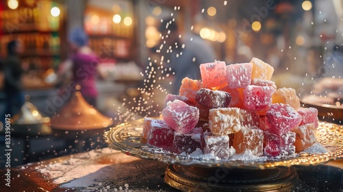 A variety of Turkish delights, a traditional confectionery, displayed on a plate in a Turkish market.